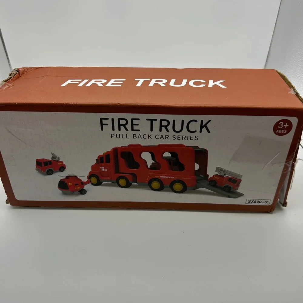 iHaHa Fire Truck Pull Back Car Series Toy Transporter Truck with 4 Mini Fire Veh